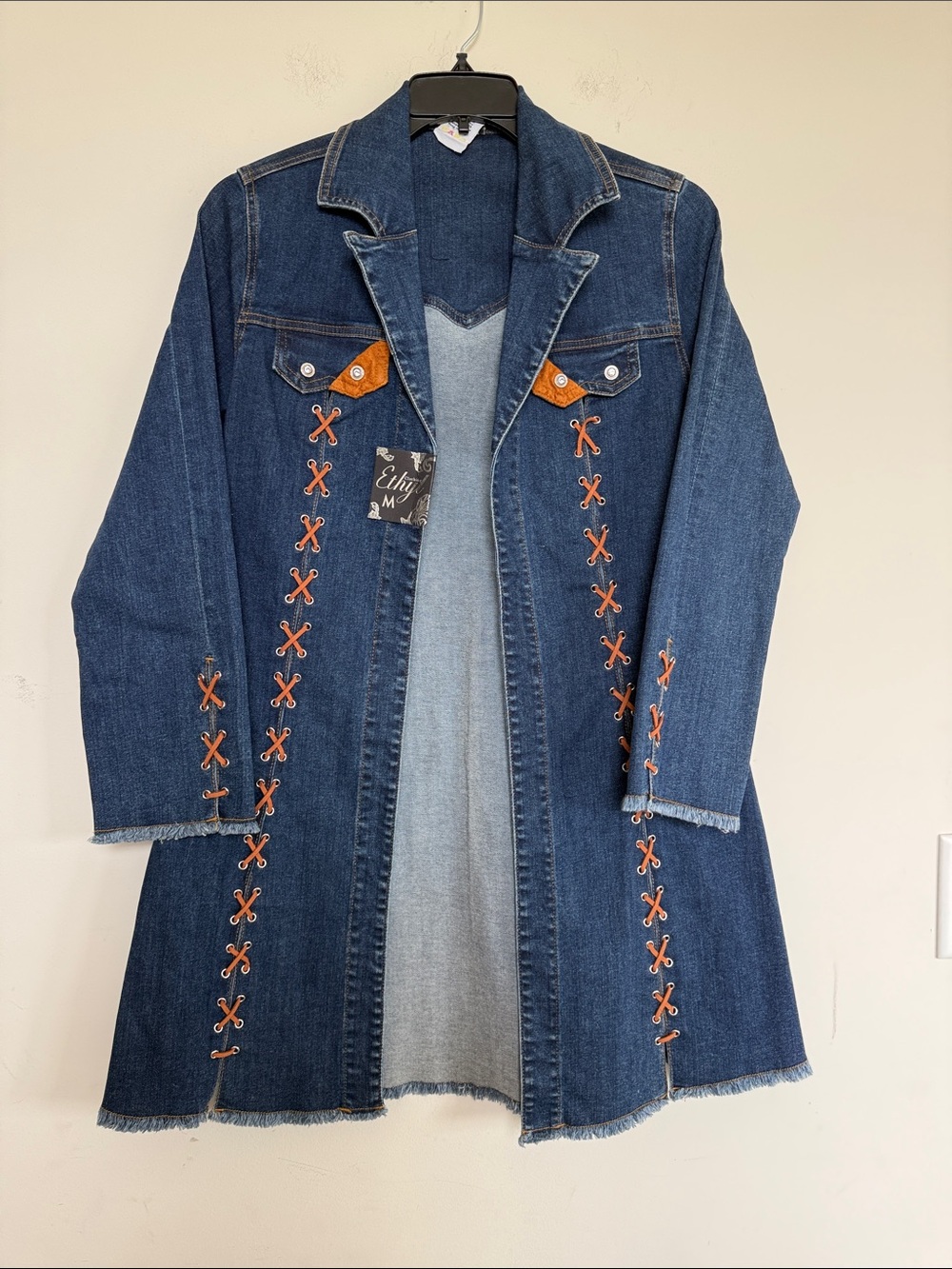Women’s Dark Blue Denim Lace-Up Long Jean Jacket with Tan Accents